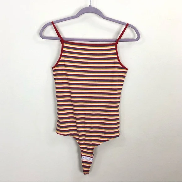 Madewell Ribbed Spaghetti Strap Snap Thong Tank Bodysuit Rainbow Stripe Medium - Picture 3 of 10